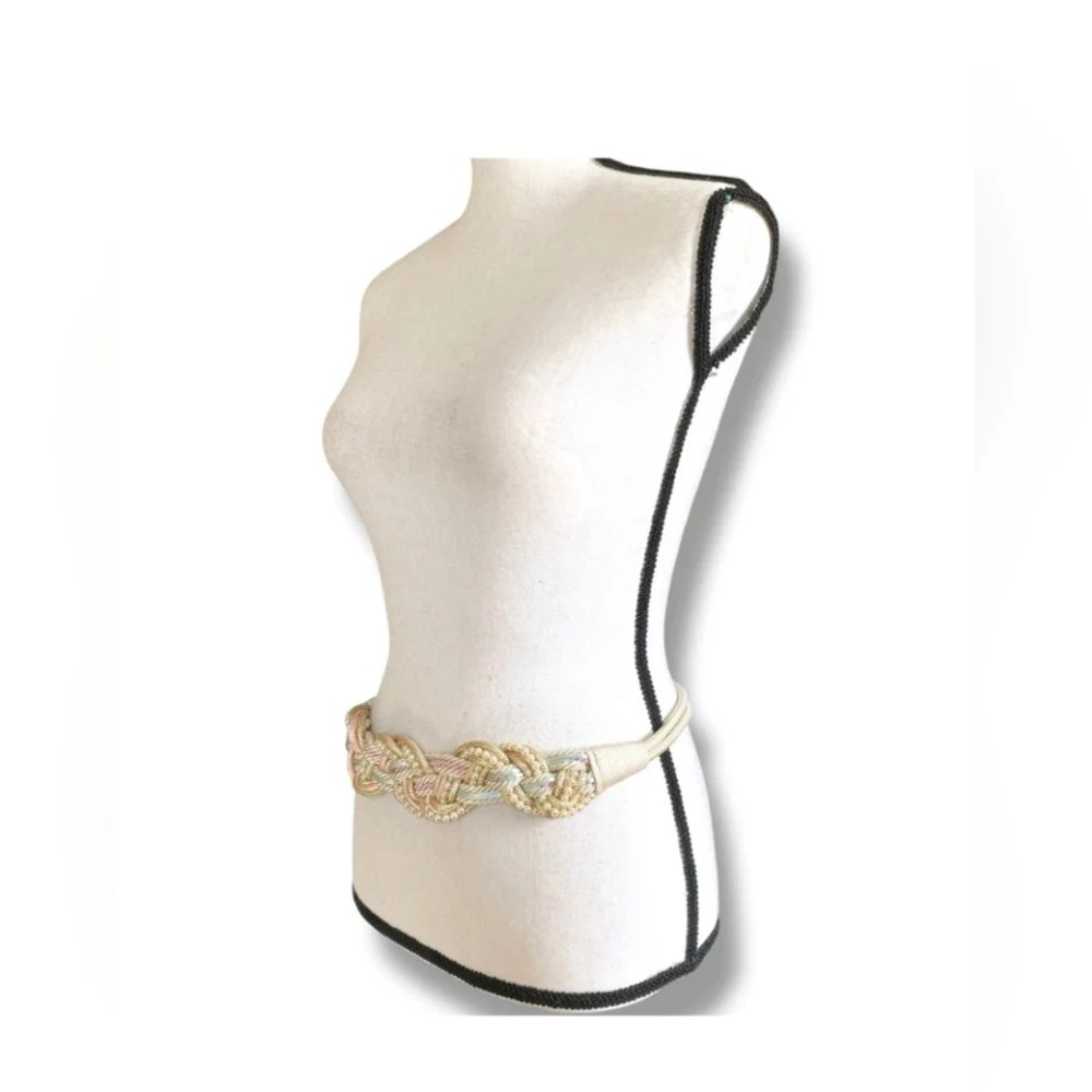 Vtg 80s Macramé Braided Belt Sz M/L Cream Lilac Pink Faux Pearls Romantic Boho